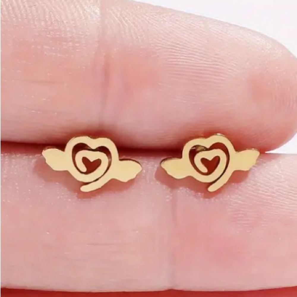Swirl Heart with Wings Gold Toned Stud Earrings